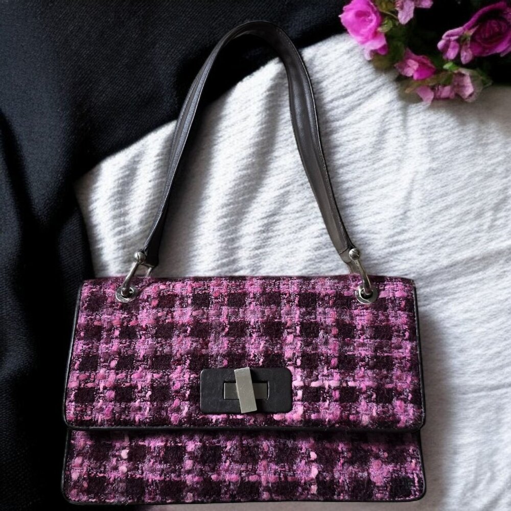 DONALD J PLINER Quilted Wool Pink Black Plaid Dark Brown Leather Shoulder Purse